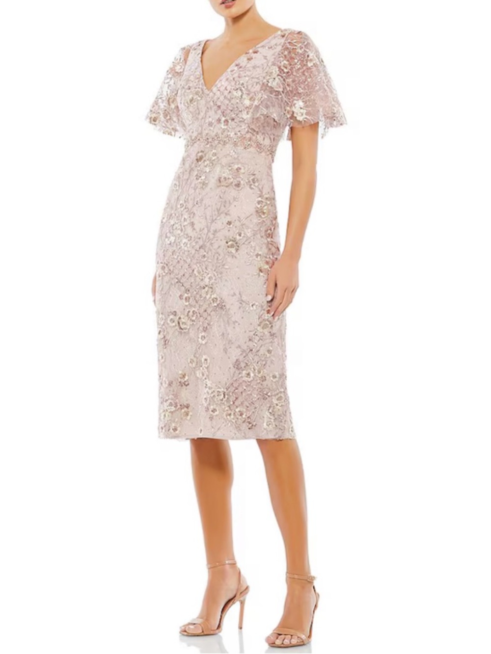 Mac Duggal Blush Embroidered Lace Midi Dress
